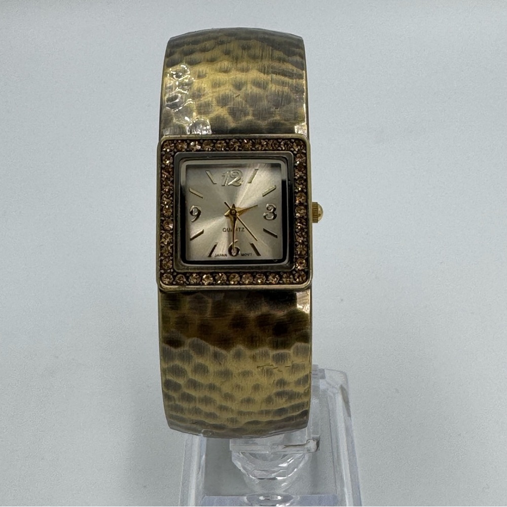 Ladies Hammered Wide Bangle Watch Amber Rhinestones On Face Clamper Style Gold